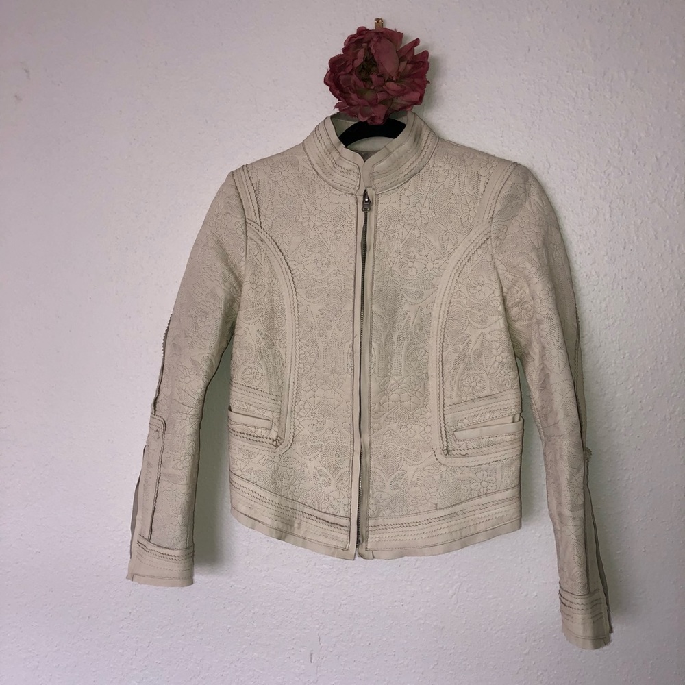 XS Ivory / Cream Detailed Leather Jacket